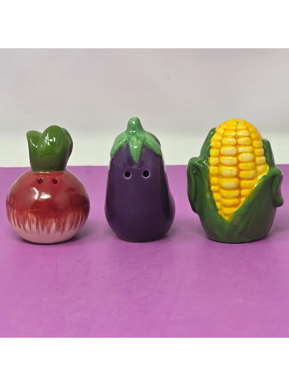 Vegetable-Themed Ceramic Salt & Pepper Shakers Eggplant Corn & Turnip Design